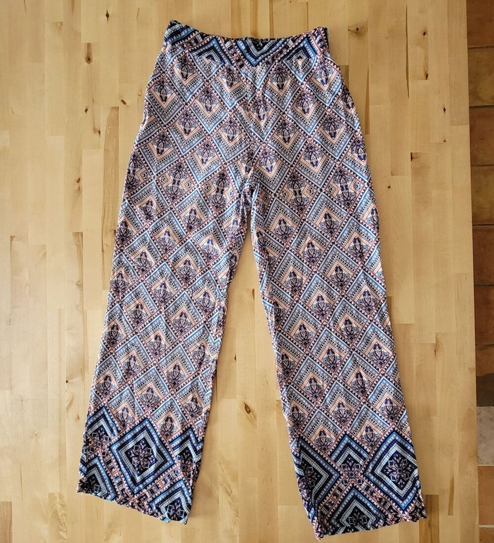Womens Straight Leg Blue Boho Colorful Geometric Pants Lightweight Festival SZ M - Picture 3 of 6